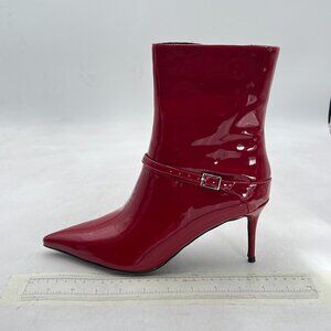 Red Women's Ankle Buckle Strap Pointed Toe High Heel Side Zipper Ankle Boots